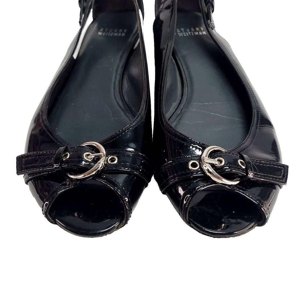 stuart weitzman Chit Chat Patent Leather Flats 8.5 Black Sling Back Peep Toe - Picture 7 of 14